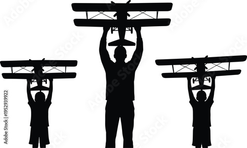 Silhouette of people holding vintage biplane model overhead, aviation dream concept, teamwork and ambition illustration, retro aircraft symbol, black vector figures isolated on white background
