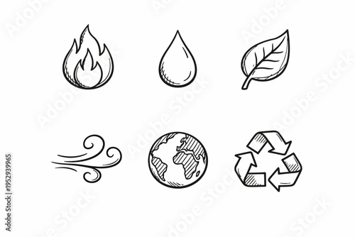 Icon set representing fire, water, leaf, wind, earth, and recycling symbols in black and white