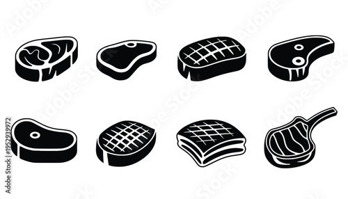 Meat icon set including various cuts of beef and pork in black silhouette
