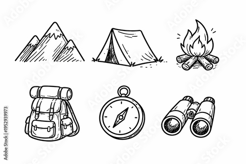Hand-drawn camping icons with mountains, tent, campfire, backpack, compass, binoculars