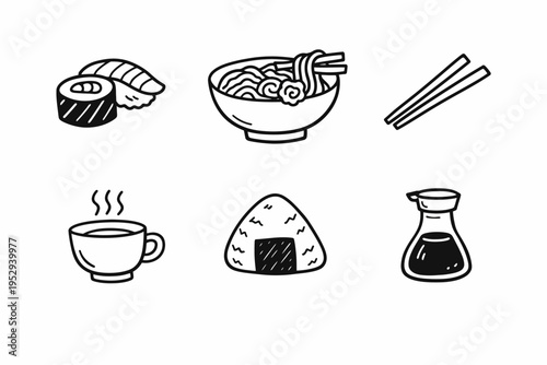 Hand-drawn japanese food icons: sushi, ramen, tea, onigiri, soy sauce, chopsticks
