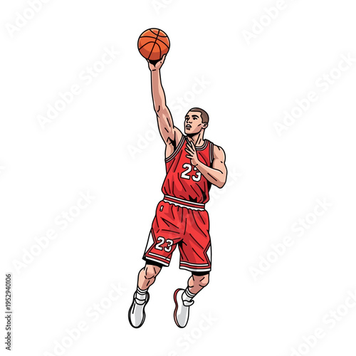 Dynamic Basketball Player in Red Jersey Taking a Jump Shot.