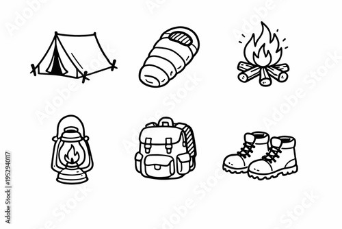 Camping essentials: tent, sleeping bag, campfire, lantern, backpack, boots icons