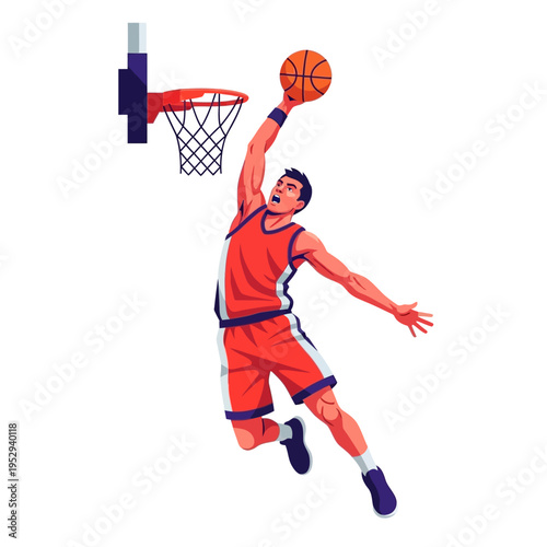 Dynamic basketball player performs powerful slam dunk during intense game.