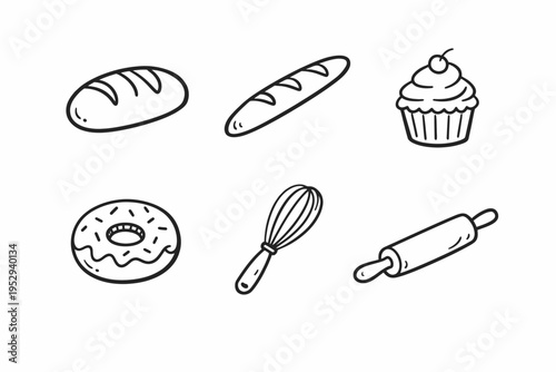 Hand-drawn baking icons featuring bread, cupcake, donut, whisk, and rolling pin