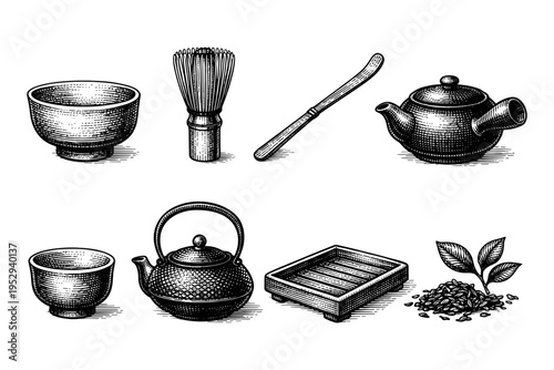 Traditional Japanese tea ceremony utensils in a vintage engraved illustration style