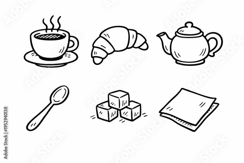 Hand-drawn breakfast icons: coffee, croissant, teapot, spoon, sugar cubes, napkin