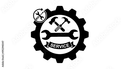Service gear icon with tools and banner for maintenance and repair