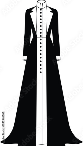 Formal long coat silhouette featuring high collar, button down front, structured lapels, and floor length gown style in black and white.