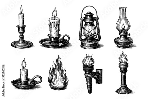 Collection of vintage lighting devices including candles, lanterns, and torches in a sketch style
