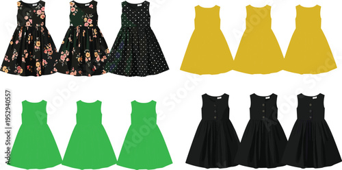 Kids sleeveless dress collection featuring floral patterns, polka dots, solid yellow, green, and black colors in a vector flat illustration.