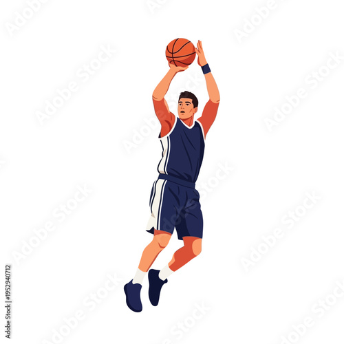 Male basketball player in mid-air jump shot action.