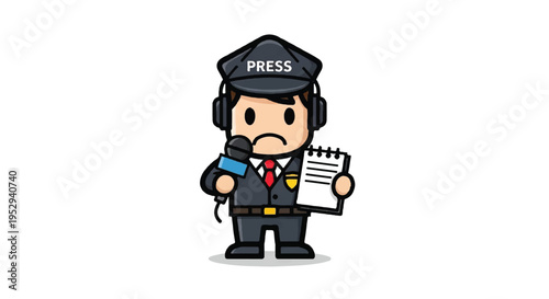 Cartoon journalist holding microphone and notepad on white background