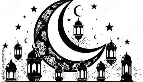 A crescent moon vector illustration with lanterns and stars at night