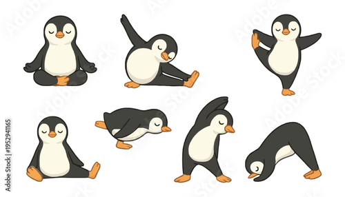 A set of penguin yoga illustrations in various poses and stretches