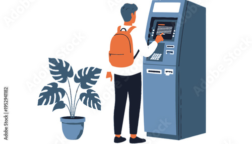 A man with a backpack using an ATM machine next to a plant