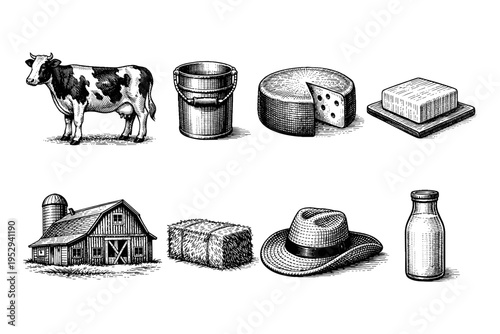 Vintage farm and dairy products illustration with cow, barn, cheese, butter, milk, and hay bale
