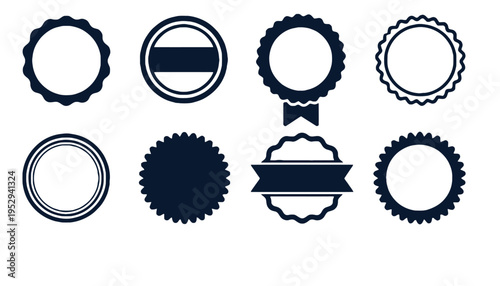 A set of navy blue badge icons on a white background