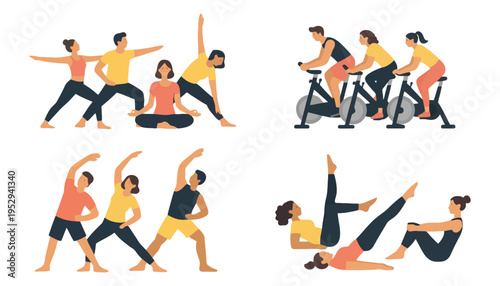 Yoga vector illustration of people practicing various poses and exercises