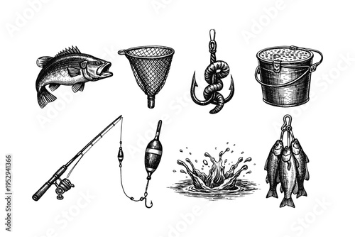 Collection of vintage fishing gear and catch, hand-drawn illustration