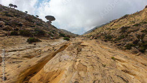 Eroded desert valley leading to misty mountains. Sokotra, Yemen.