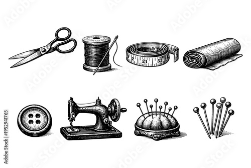Vintage sewing tools and supplies collection in a detailed engraving style