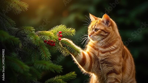 Ginger cat observes a decorative pine branch with red berries. Pet reaching out to touch nature during Christmas season. Feline playing in winter forest scene.