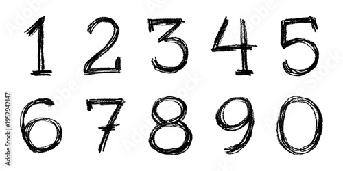 Hand drawn black numbers 1 2 3 4 5 6 7 8 9 0 Stylish brush painted numbers with pencil texture Count, math, kids education