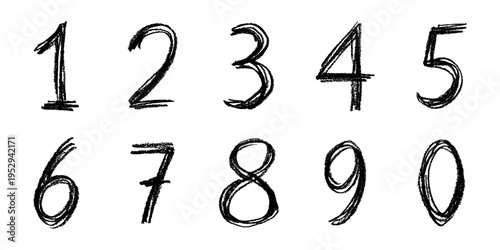 Hand drawn black numbers 1 2 3 4 5 6 7 8 9 0 Stylish brush painted numbers with pencil texture Count, math, kids education