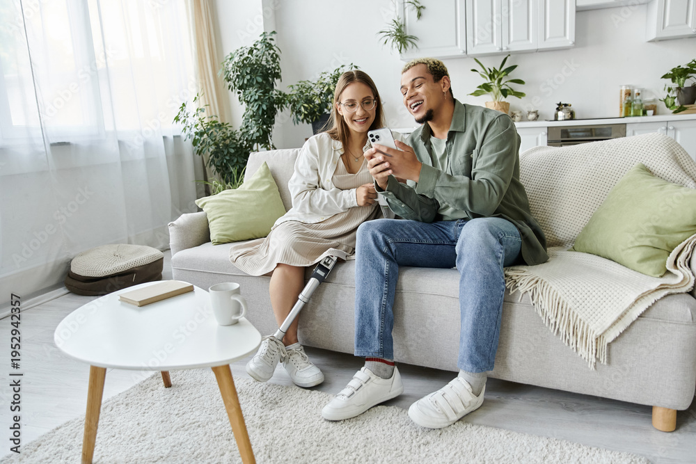 Fototapeta premium Two friends enjoying a joyful moment in a cozy modern apartment together