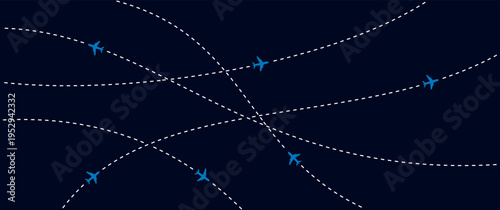 Airplane flight routes abstract background with dotted paths
