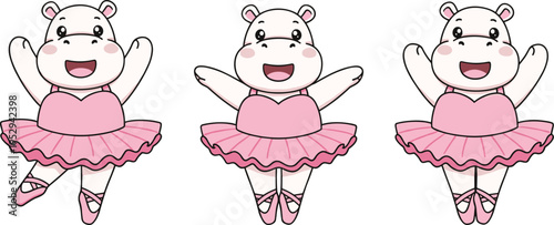 Cute hippo ballerina cartoon set, adorable dancing hippopotamus in pink tutu, kids character illustration for nursery design, animation and children branding