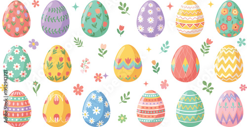 Colorful Easter Egg Collection with Floral and Geometric Patterns Surrounded by Spring Flowers and Leaves for Holiday Decoration, Seasonal Greeting, and Festive Design