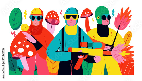 A colorful illustration of people wearing protective gear and holding tools amidst mushrooms and leaves
