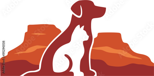 Stylized illustration of a dog and a cat in red and mountains in yellow	