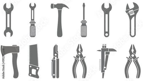 Toolbox icon set with various gray silhouettes on white background