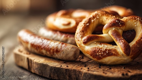Freshly baked pretzels and sausages on a wooden cutting board. The scene captures a rustic food setting, ideal for culinary themes.