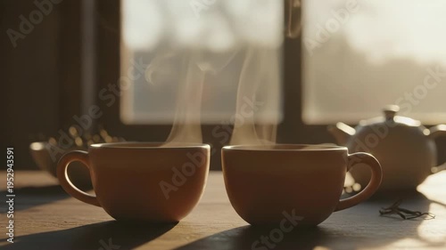 Sunlit Tea Cups and Teapot on Kitchen Table in Morning Light.