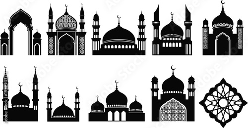 Set of Fifteen Detailed Black Mosque Silhouettes Featuring Various Dome and Minaret Architectural Designs for Ramadan Kareem and Eid Mubarak Religious Festival Graphic Projects