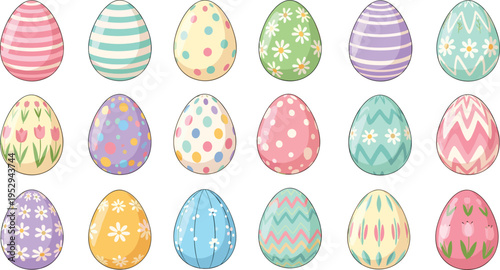 Colorful Easter Egg Pattern Collection with Floral, Polka Dot, Stripe, and Zigzag Decorations for Spring Holiday Greeting Cards and Festive Vector Designs