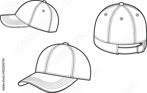 cap, baseball, hat, headwear, accessory, fashion, clothing, apparel, garment, panel, brim, stitch, seam, adjustable, strap, casual, sporty, vector, design, illustration