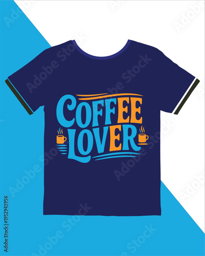 Navy blue coffee lover t shirt with orange and blue text design on white background