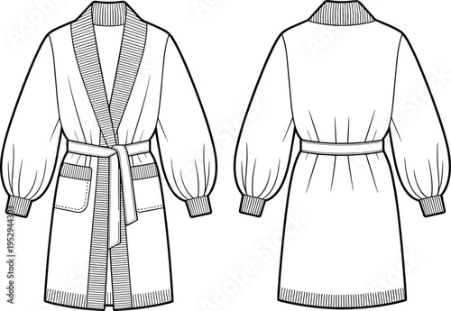 cardigan, robe, womenswear, fashion, clothing, apparel, garment, knit, shawl, collar, sleeve, ribbed, belt, pocket, stylish, cozy, front, back, vector, illustration