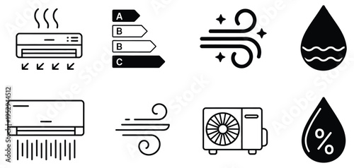 Elements for air conditioning and humidity control systems bundle, vector illustrations of AC units, fans, thermostats, and humidity indicators, suitable for HVAC design, technical manuals, and 