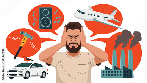 Noise pollution concept illustration with stressed man covering ears, traffic, airplane, construction and industrial sounds causing environmental disturbance