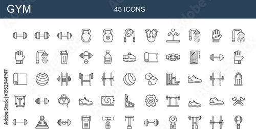 Gym fitness icons, exercise, workout, dumbbell, barbell, kettlebell, treadmill, yoga mat, jump rope, protein shaker, sport lifestyle, vector illustration design