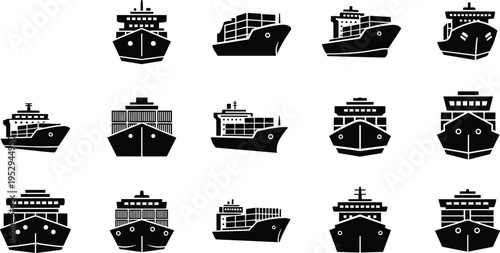 Cargo ship silhouette collection, container vessel vector illustration set, maritime transport artwork, shipping industry design, cad drawing flat vector illustration