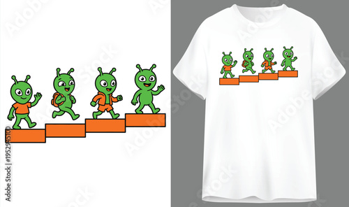 Cute green aliens climbing orange steps, a cheerful cartoon group for fun alien themed t-shirt designs, t shirt