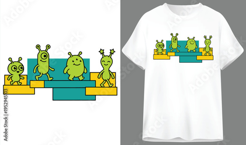 Playful green aliens on abstract blocks, a quirky cartoon group for alien themed t-shirt designs, t shirt