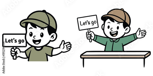 Two cartoon boys holding Let's go signs, encouraging action
